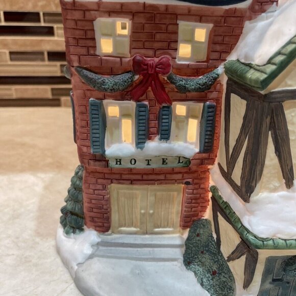 Christmas Village Hotel Barber Shopl Lighted Hand Painted House Porcelain Caldor - Picture 3 of 14